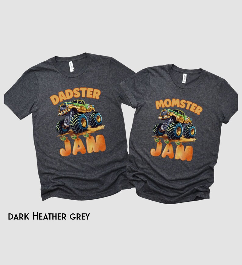 May include: Two dark heather grey t-shirts with a monster truck graphic and the text "DADSTER JAM" and "MOMSTER JAM".