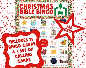 May include: A red and green Christmas Bible Bingo game with a 5x5 grid. The game includes 25 bingo cards and 1 set of calling cards. The game features images of Christmas scenes and Bible verses.