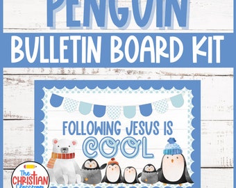 May include: A blue and white bulletin board kit with a penguin theme. The title reads "Penguin Bulletin Board Kit". The main image features a white polar bear and penguins with the text "Following Jesus is Cool".