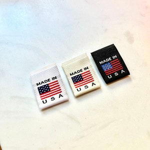 Made in USA Country of Origin Woven Labels Damask in White Beige or Black with Flag image 2