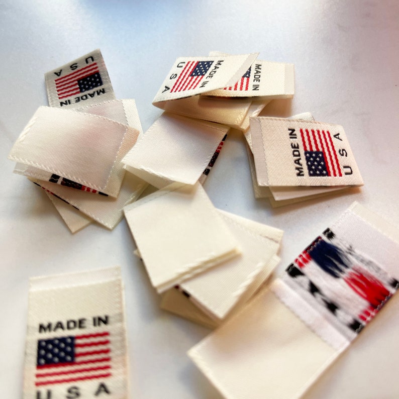 Made in USA Country of Origin Woven Labels Damask in White Beige or Black with Flag image 9
