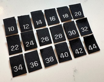 Woven Taffeta Black Clothing Numeric Size Labels Tabs (10, 12, 14, 16, 18, 20, 22, 24, 26, 28, 30, 32, 34, 36, 38, 40, 42, 44)