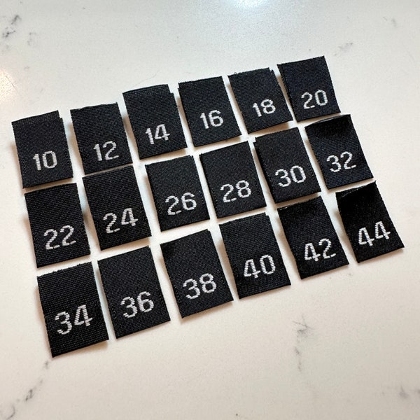 Woven Taffeta Black Clothing Numeric Size Labels Tabs (10, 12, 14, 16, 18, 20, 22, 24, 26, 28, 30, 32, 34, 36, 38, 40, 42, 44)