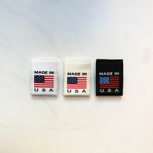 Made in USA Country of Origin Woven Labels Damask in White Beige or Black with Flag