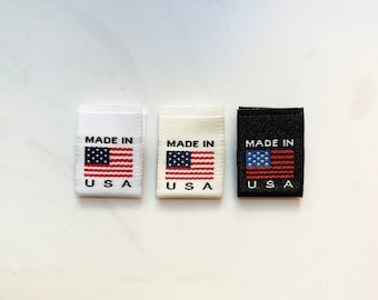 Made in USA Country of Origin Woven Labels Damask in White Beige or Black with Flag