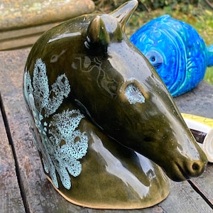 Rare flawless Moss green Lotus Pottery Horse Head. 1960’s designed by Elizabeth Skipworth. English MCM style