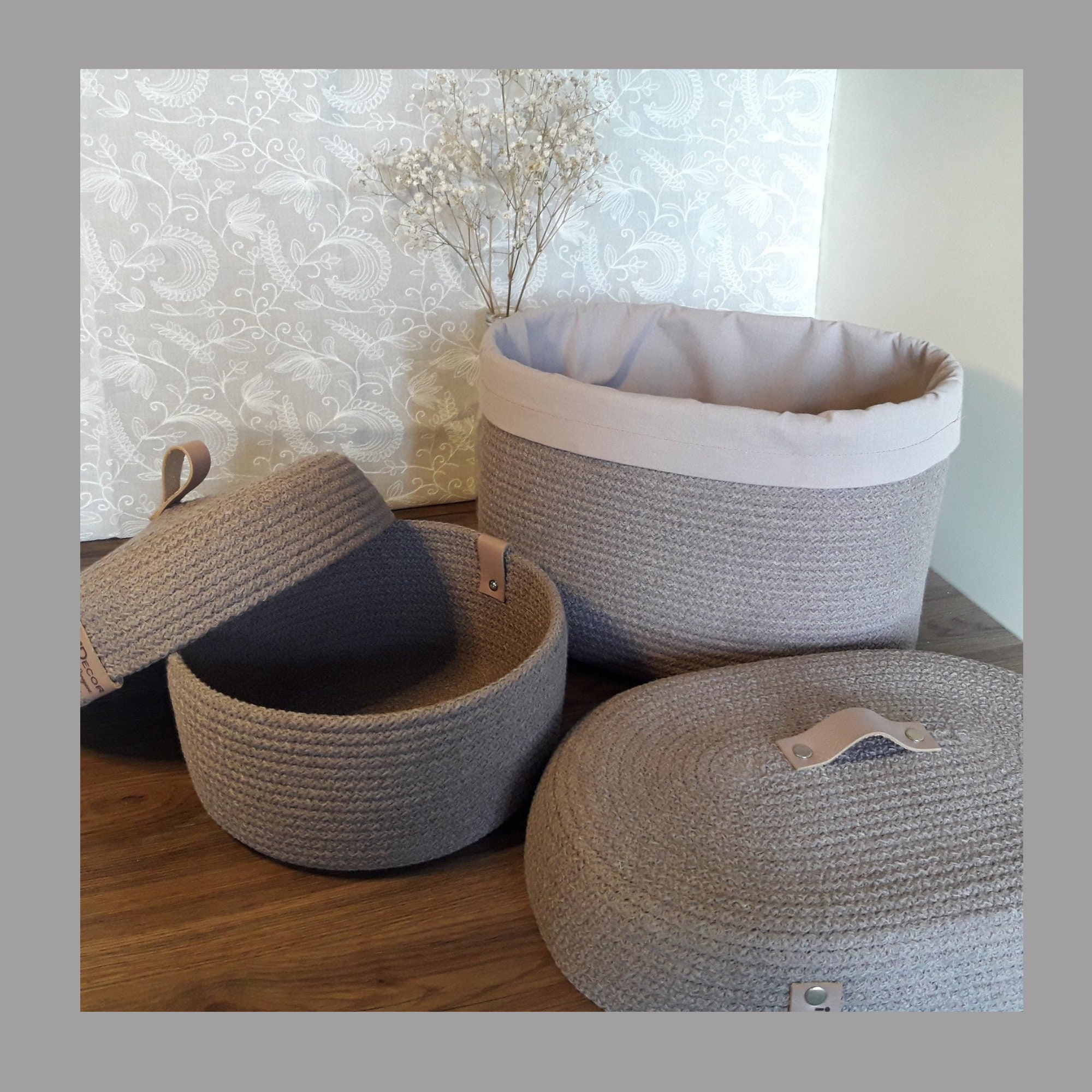 Set of baskets made of cotton cord round baskets with lids Etsy