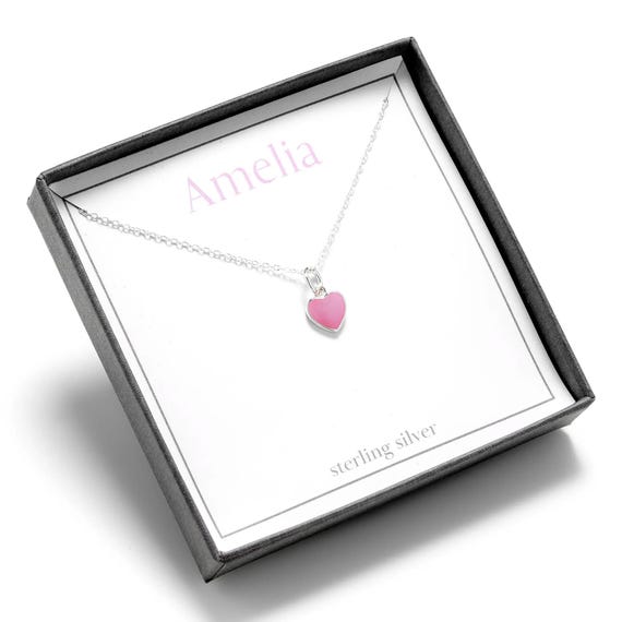 Girls pink heart necklace, girls personalised necklace child, girls sterling silver heart necklace charm, little girls silver heart necklace