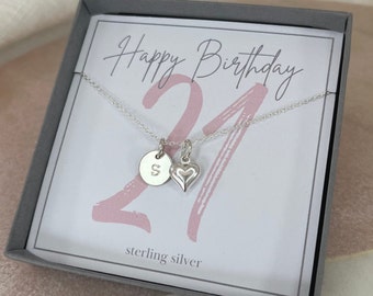 Cadeau 21e anniversaire pour elle, collier 21e anniversaire en argent sterling, idée cadeau d'anniversaire personnalisée pour fille, pendentif 21e disque et coeur