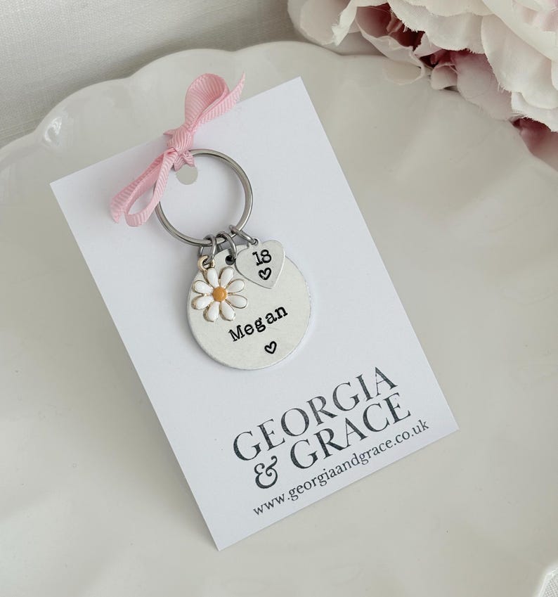May include: A silver keychain with a daisy charm, a heart charm with the number 18, and a round charm with the name "Megan". The keychain is attached to a white card with the text "GEORGIA & GRACE" and a website address. A pink ribbon is tied to the top.
