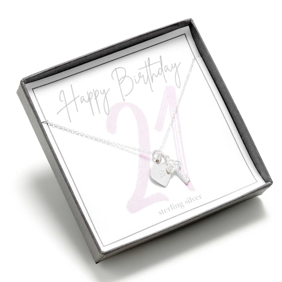 Girls silver 21st birthday key and personalised heart initial tag, silver 21st birthday necklace, girls 21st personalised birthday gift idea