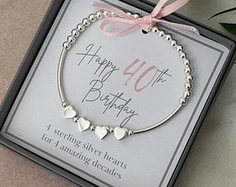 women's 40th birthday bracelet, 40th bracelet for her, 40th silver beaded bracelet, 40th birthday gift for her
