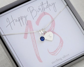 personalised 13th birthday birthstone necklace, girls  13th birthday birthstone, girls 13th birthday silver necklace