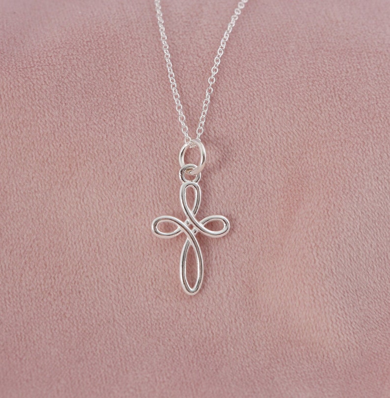 Looping Wire Cross Silver Cross Necklace, Christening Gifts for Girls, Silver Christening ...