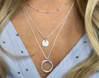 Silver Layered necklace set, three silver layering necklaces, dainty initial layered necklace, initial necklace set