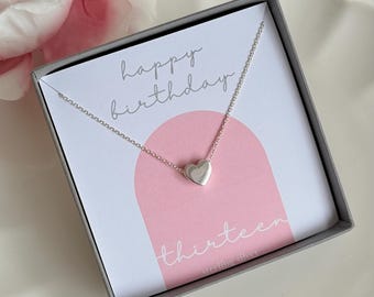 13th birthday heart necklace, 13th birthday gift for her, girls 13th birthday gift idea, 13th birthday sterling silver heart necklace gift