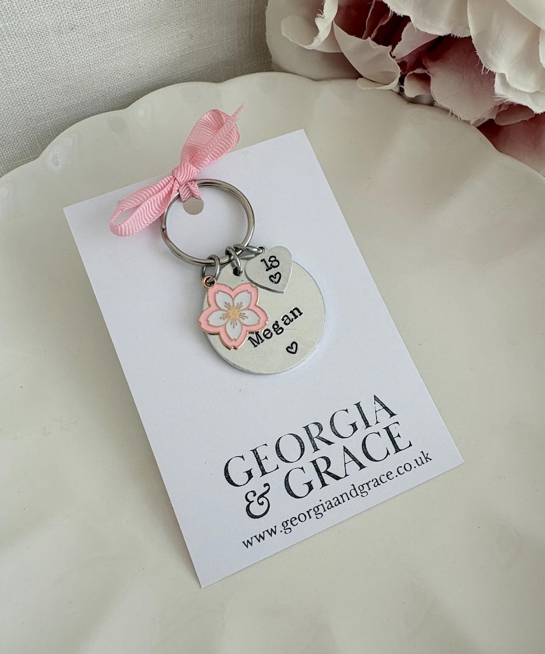 May include: A silver keychain with a pink ribbon, a round charm with the name "Megan" and a pink flower charm. The keychain also has a heart charm with the number "18". The card below reads "GEORGIA & GRACE".