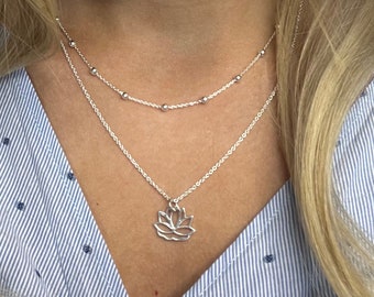 Womens sterling silver lotus flower layered necklace set, two layering necklaces, gift for her