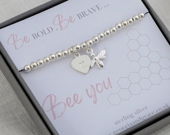 bee bracelet, motivation message, affirmation, silver beaded bracelet, silver bee