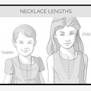 May include: A line drawing of two children, one a toddler and one a child, wearing necklaces. The necklaces are labeled with different lengths in inches, from 13 inches to 26 inches. The image is titled "Necklace Lengths".