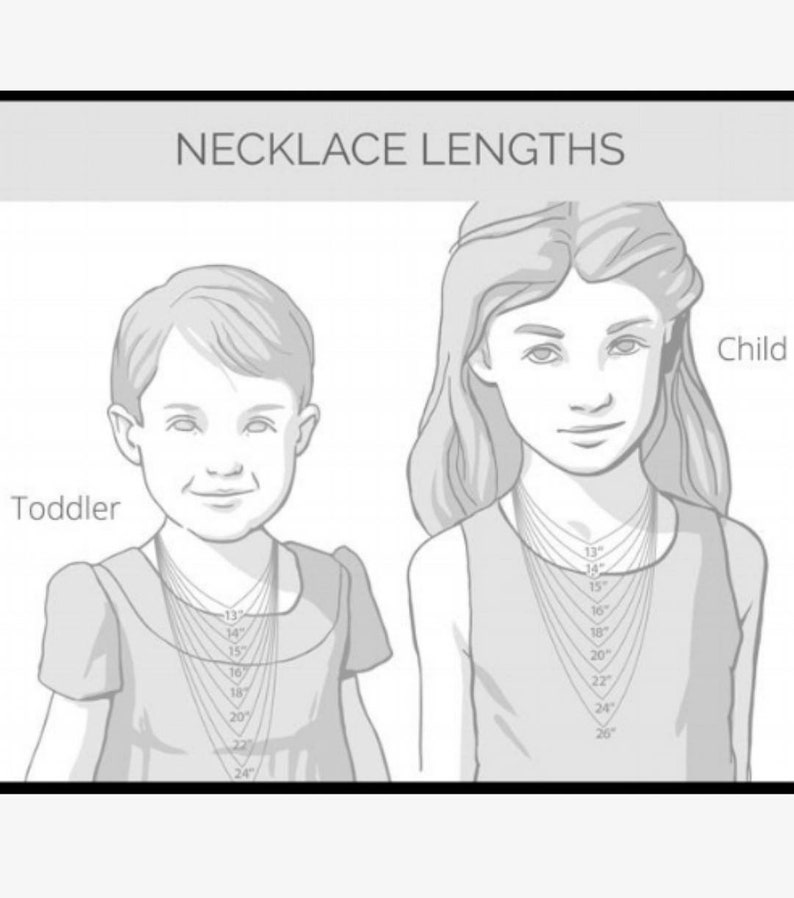 May include: A line drawing of two children, one a toddler and one a child, wearing necklaces. The necklaces are labeled with different lengths in inches, from 13 inches to 26 inches. The image is titled "Necklace Lengths".