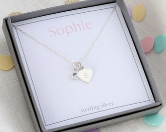 Girls silver heart birthstone necklace, personalised necklace for girls, gift for girl, girls silver necklace, girls birthday gift