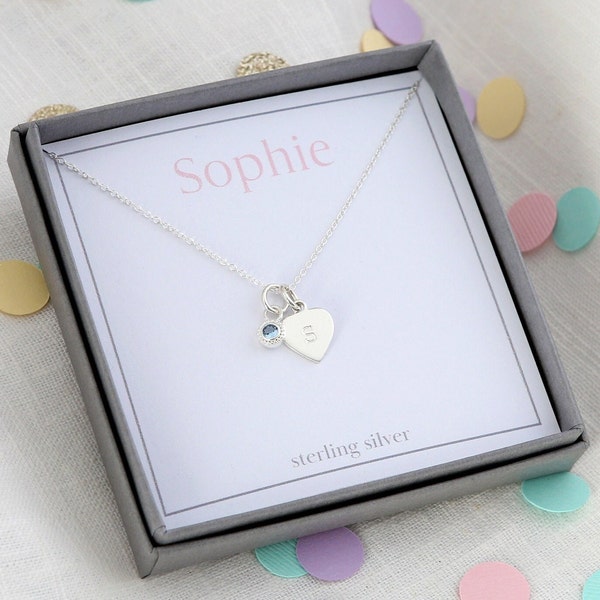 Girls silver heart birthstone necklace, personalised necklace for girls, gift for girl, girls silver necklace, girls birthday gift