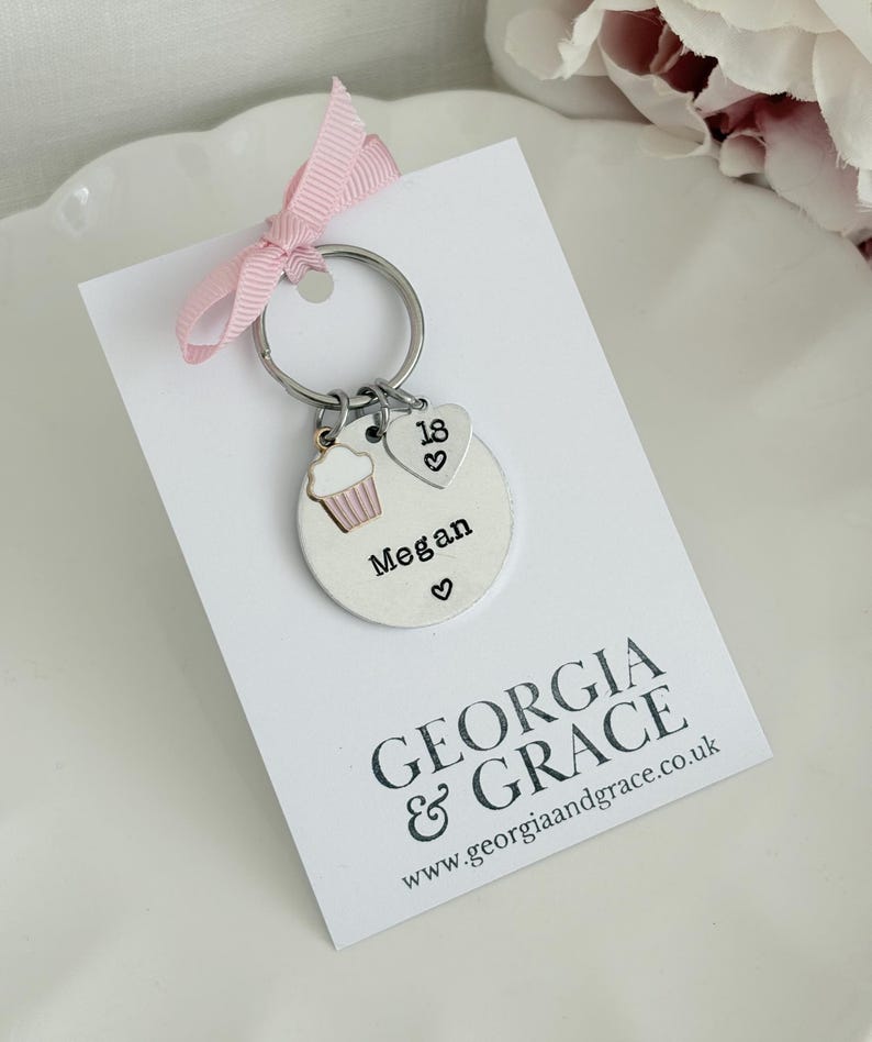 May include: A silver keychain with a cupcake charm, a heart charm with the number 18, and a heart charm. The keychain is attached to a white card with the name "Megan" and the text "GEORGIA & GRACE". A pink ribbon is tied to the keychain.