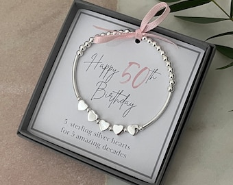 women's 50th birthday bracelet, 50th bracelet for her, 50th silver beaded bracelet, 50th birthday gift for her