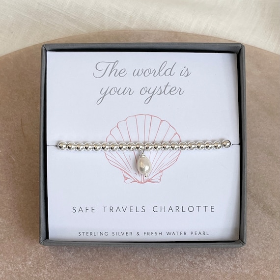 world is your oyster pearl and silver beaded bracelet, gap year gift, travel gift, adventure gift
