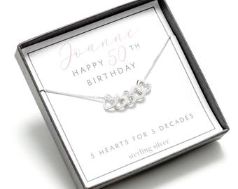 50th birthday necklace for her, 5 decades necklace, 50th birthday gift for her, 50th heart necklace