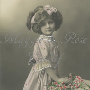 Printable Digital Image, Pretty Girl in Pink Dress and Flowers Hand Tinted Instant Download
