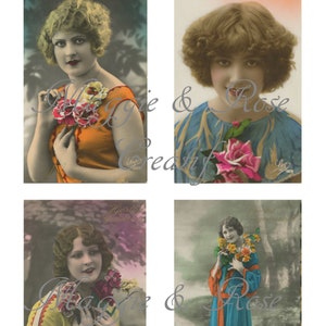 Printable Digital Image, Pretty Flapper Girls in Art Deco Fashion, Hand Tinted Instant Downloads
