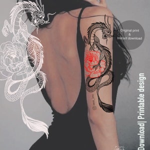 Dragon with red flower | Tattoo design | Instant download | Original work | Printable stencil |