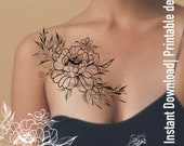 The Peony flower Tattoo design |  Digital download | Printable stencil | Original drawing