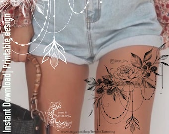 The peony and raspberries tattoo design | Instant download |  Floral drawing | Original print