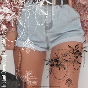 May include: Digital design of a floral tattoo featuring a peony and berries, with the text "Instant Download Printable design" and the shop name "Irene in Tattooing". The design is in black and white.