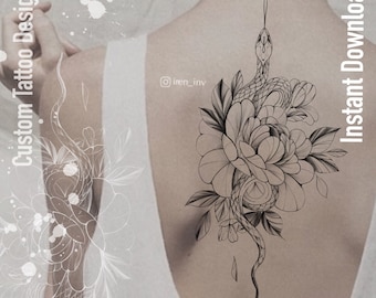 May include: A black and white line art tattoo design of a snake wrapped around a flower. The design is on a person's back.