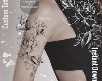 Puede incluir: Un diseño de tatuaje en blanco y negro de línea de arte de un ramo floral con peonías grandes y flores más pequeñas. El diseño está en el brazo de una persona.