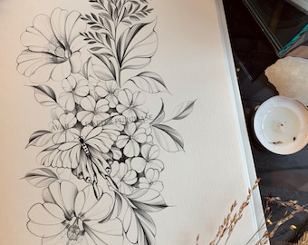 Floral Tattoo Design | Hydrangea, butterfly, fern leaves and mallow flowers | Instant download | Printable stencil