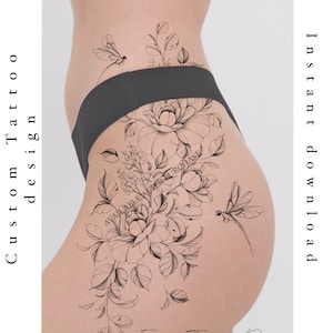 Tattoo Design | Instant Download | Custom tattoo | Peony yarrow with dragonfly