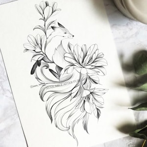 Kissune Tattoo Design | Fox with magnolia | Digital download | Printable stencil