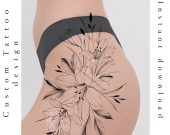 Lelie bloem tattoo ontwerp | Afdrukbaar stencil | Originele afdruk ..., حجم الصورة 340x270