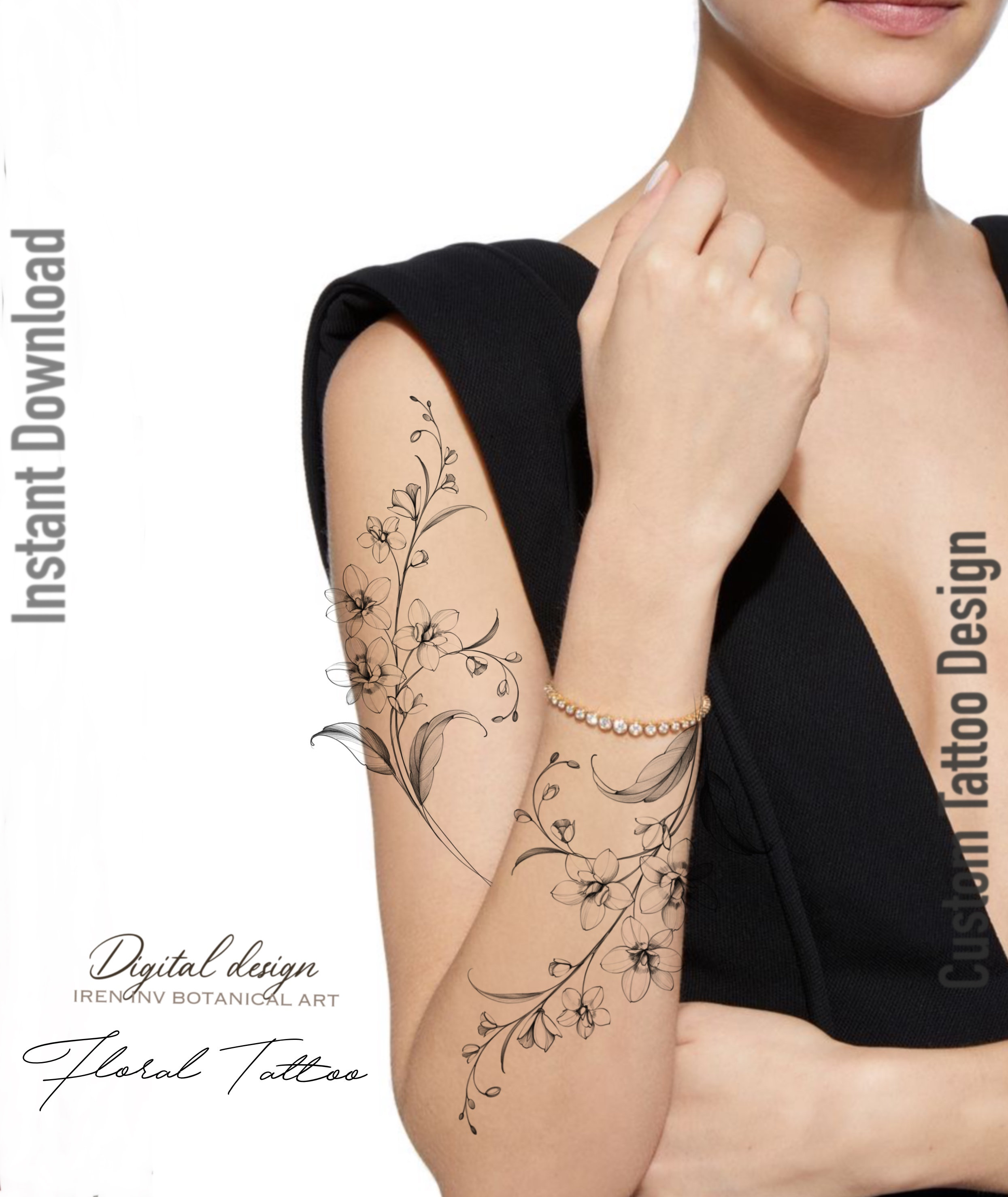 Larkspur Tattoo: Elegant Black & White Beauty