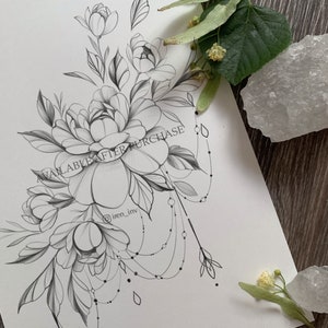 Peonies Tattoo Design | Instant download | Digital download | Printable stencil | Original art