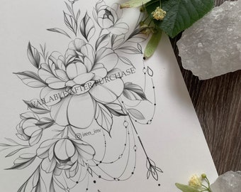 Peonies Tattoo Design | Instant download | Digital download | Printable stencil | Original art