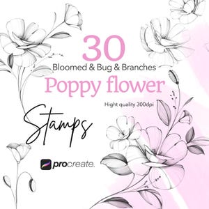 May include: Digital poppy flower stamps for Procreate, with the text "30 Bloomed & Bug & Branches Poppy flower Stamps" in pink and black. The design includes black and white floral illustrations.