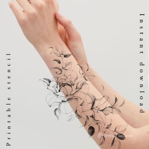 Tattoo design | Peony and Lily tattoo design | Printable stencil | Custom tattoo design