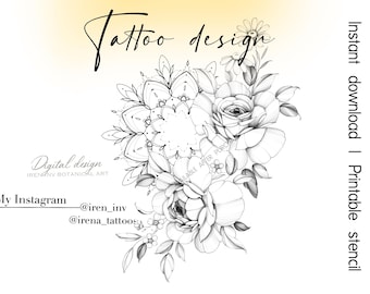Puede incluir: Un diseño de tatuaje en blanco y negro con un mandala y un ramo de rosas. El diseño es perfecto para un tatuaje floral.