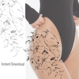 Lioness tattoo design | Flowers tattoo design | Instant download | Printable stencil | Custom tattoo design